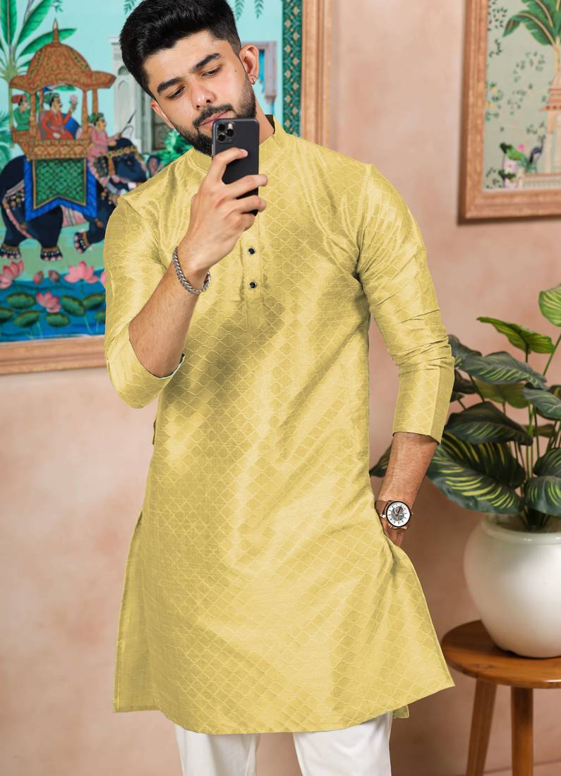 Lemon color graceful partywear kurta payjama for mens ceremonial looks