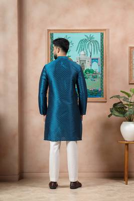 Teal color graceful partywear kurta payjama for mens ceremonial looks 3