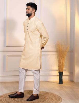 Cream color embroidery work ceremonial ethnic kurta payjama for men's 4