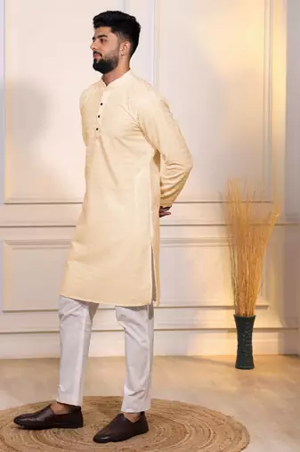 Cream color embroidery work ceremonial ethnic kurta payjama for men's