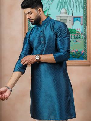 Teal color graceful partywear kurta payjama for mens ceremonial looks 4