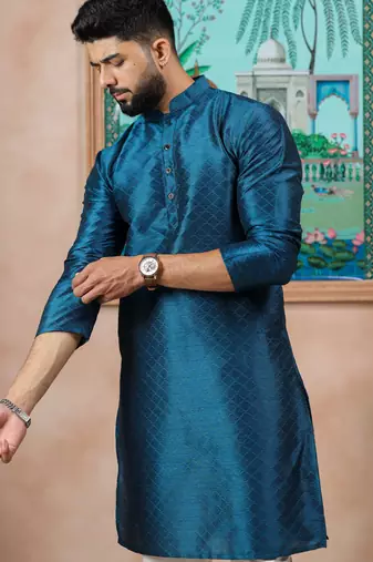 Teal color graceful partywear kurta payjama for mens ceremonial looks