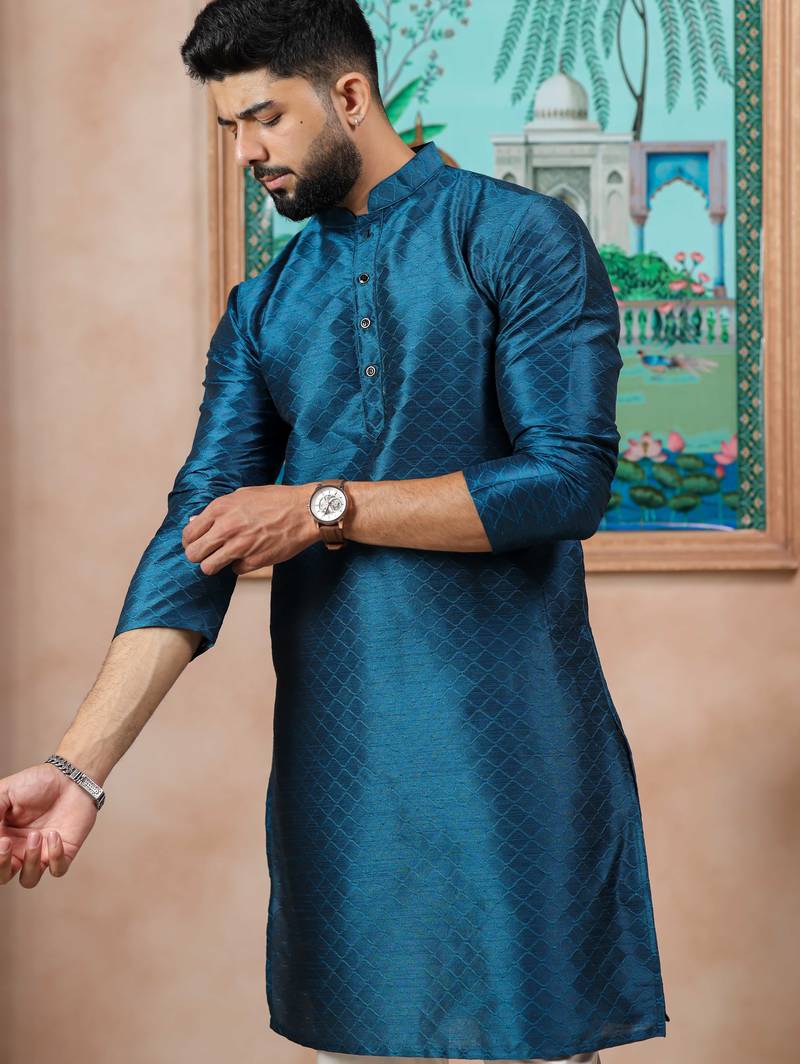 Teal color graceful partywear kurta payjama for mens ceremonial looks