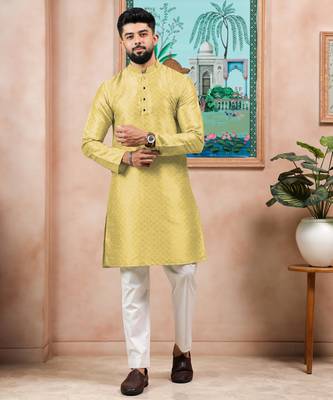 Lemon color graceful partywear kurta payjama for mens ceremonial looks 4