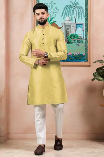 Lemon color graceful partywear kurta payjama for mens ceremonial looks