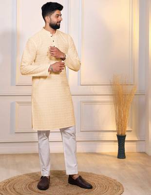 Cream color embroidery work ceremonial ethnic kurta payjama for men's 5