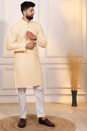 Cream color embroidery work ceremonial ethnic kurta payjama for men's