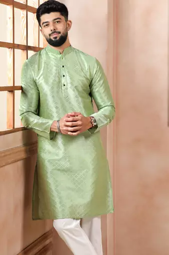 Pista color graceful partywear kurta payjama for mens ceremonial looks