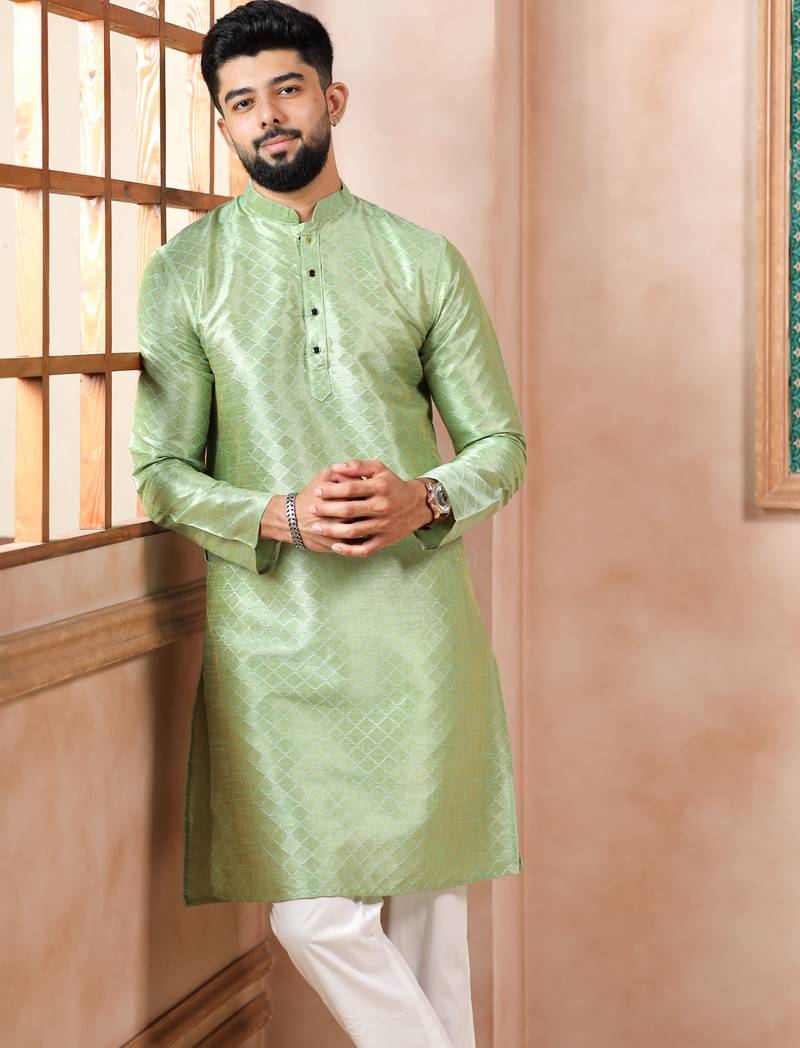 Pista color graceful partywear kurta payjama for mens ceremonial looks
