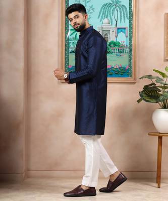 Navy blue color graceful partywear kurta payjama for mens ceremonial looks 5