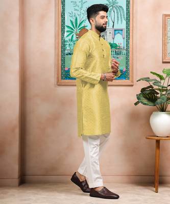 Lemon color graceful partywear kurta payjama for mens ceremonial looks 5