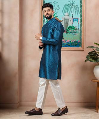 Teal color graceful partywear kurta payjama for mens ceremonial looks 5