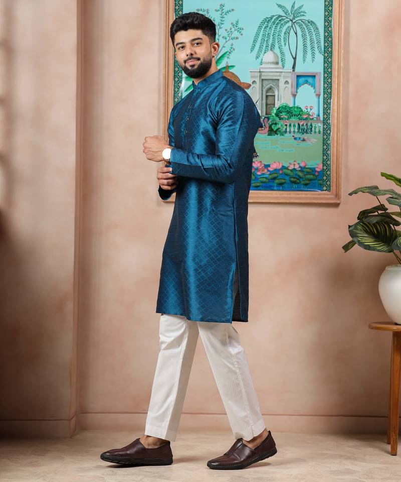 Teal color graceful partywear kurta payjama for mens ceremonial looks