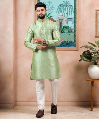 Pista color graceful partywear kurta payjama for mens ceremonial looks 5
