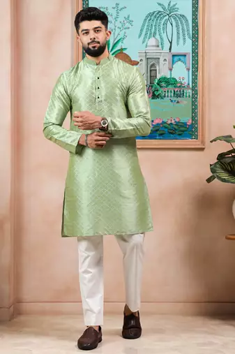 Pista color graceful partywear kurta payjama for mens ceremonial looks