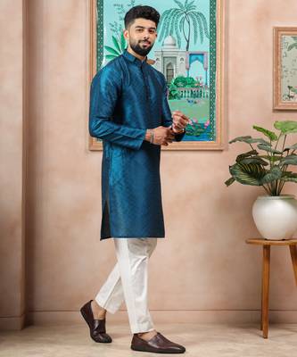 Teal color graceful partywear kurta payjama for mens ceremonial looks 6