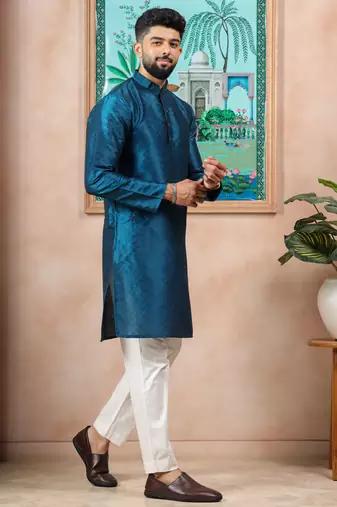 Teal color graceful partywear kurta payjama for mens ceremonial looks