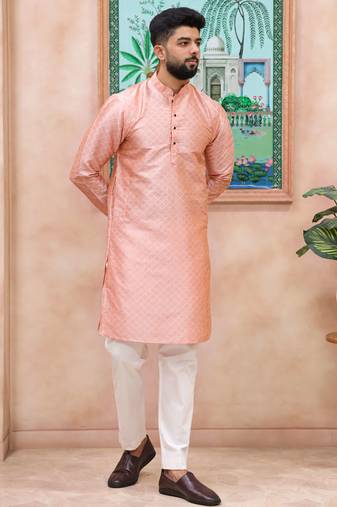 Pink color graceful partywear kurta payjama for mens ceremonial looks