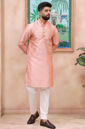 Pink color graceful partywear kurta payjama for mens ceremonial looks