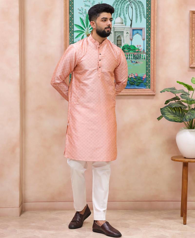 Pink color graceful partywear kurta payjama for mens ceremonial looks