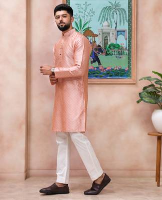 Pink color graceful partywear kurta payjama for mens ceremonial looks 2