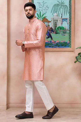 Pink color graceful partywear kurta payjama for mens ceremonial looks