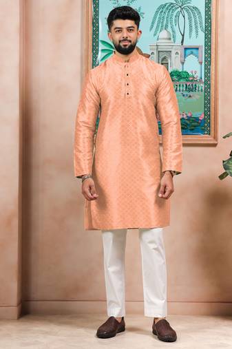 Peach color graceful partywear kurta payjama for mens ceremonial looks