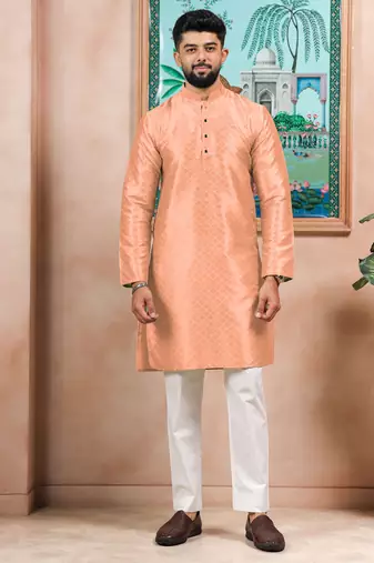 Peach color graceful partywear kurta payjama for mens ceremonial looks