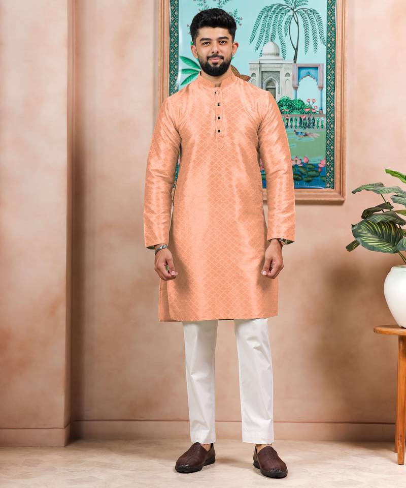 Peach color graceful partywear kurta payjama for mens ceremonial looks