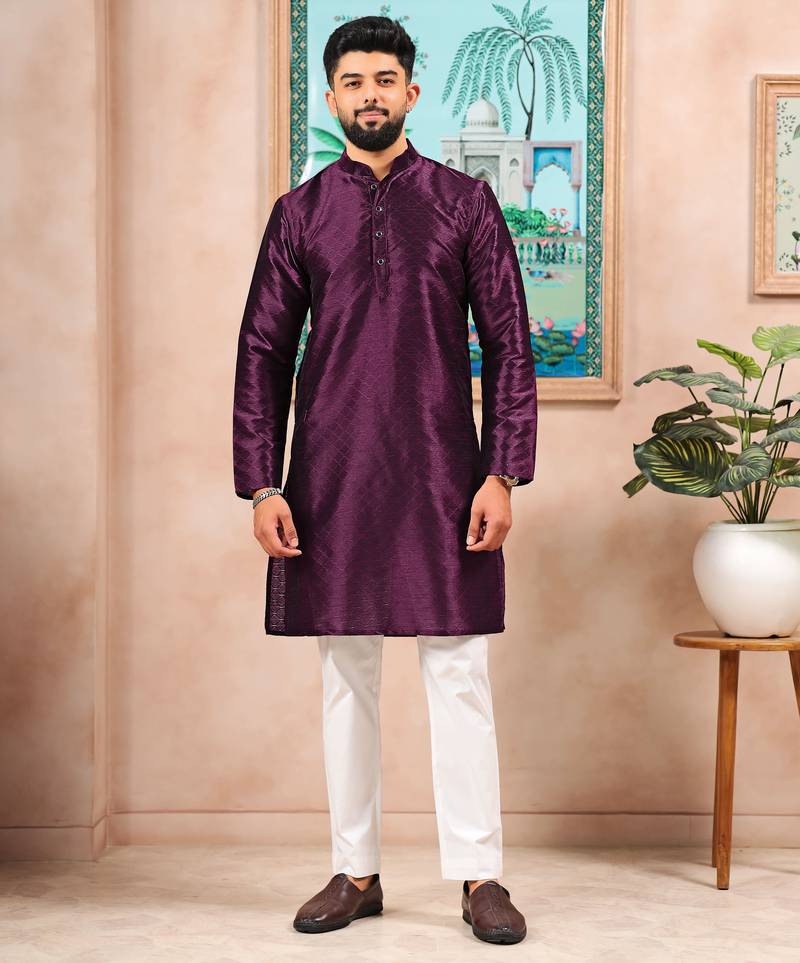 Wine color graceful partywear kurta payjama for mens ceremonial looks