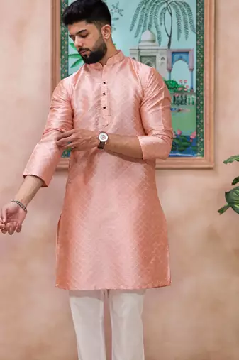 Pink color graceful partywear kurta payjama for mens ceremonial looks