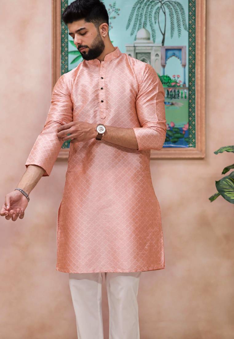 Pink color graceful partywear kurta payjama for mens ceremonial looks