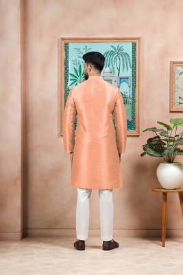 Peach color graceful partywear kurta payjama for mens ceremonial looks 2