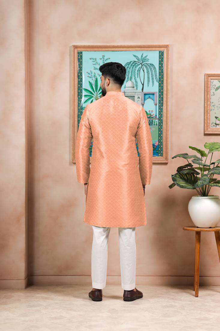 Peach color graceful partywear kurta payjama for mens ceremonial looks