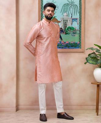 Pink color graceful partywear kurta payjama for mens ceremonial looks 4