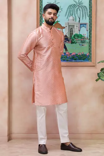 Pink color graceful partywear kurta payjama for mens ceremonial looks