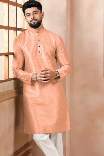 Peach color graceful partywear kurta payjama for mens ceremonial looks