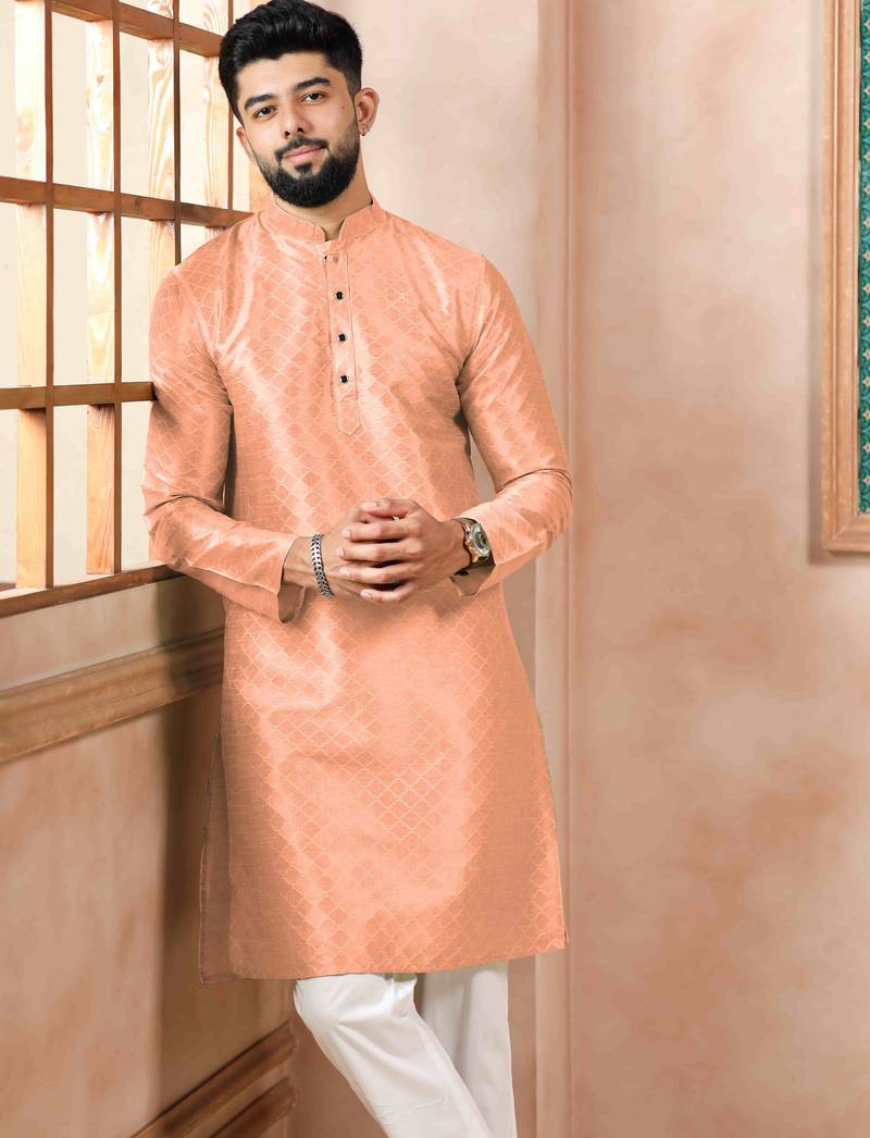 Peach color graceful partywear kurta payjama for mens ceremonial looks