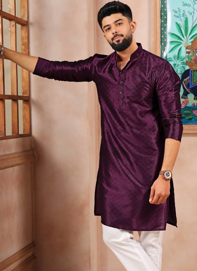 Wine color graceful partywear kurta payjama for mens ceremonial looks