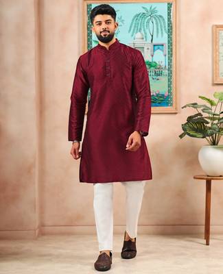 Maroon color graceful partywear kurta payjama for mens ceremonial looks 1