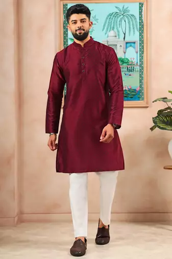 Maroon color graceful partywear kurta payjama for mens ceremonial looks