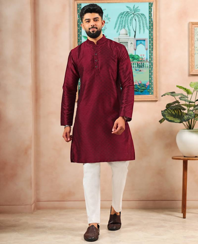 Maroon color graceful partywear kurta payjama for mens ceremonial looks