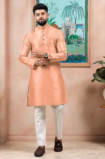 Peach color graceful partywear kurta payjama for mens ceremonial looks