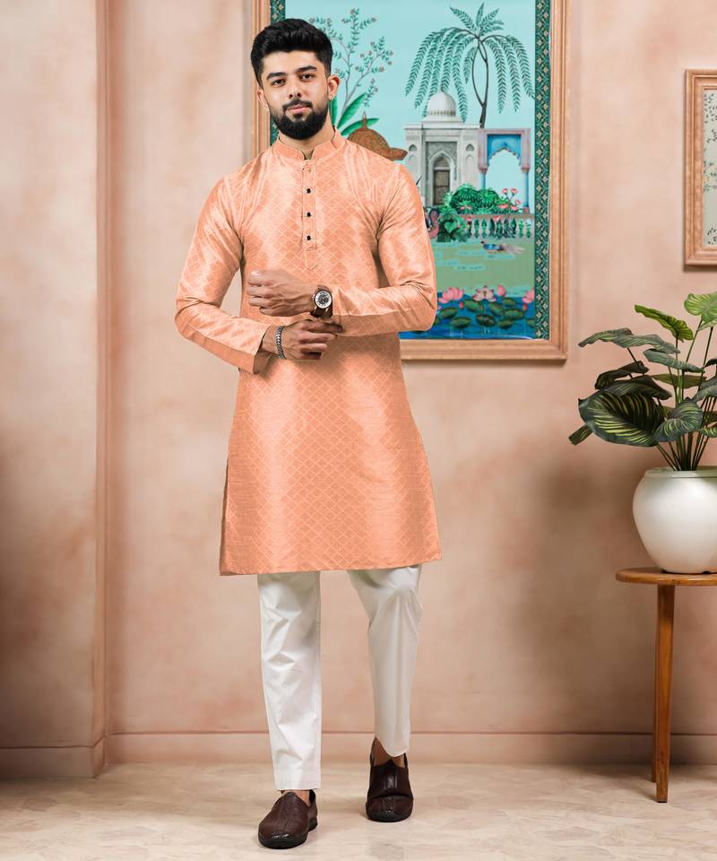 Peach color graceful partywear kurta payjama for mens ceremonial looks
