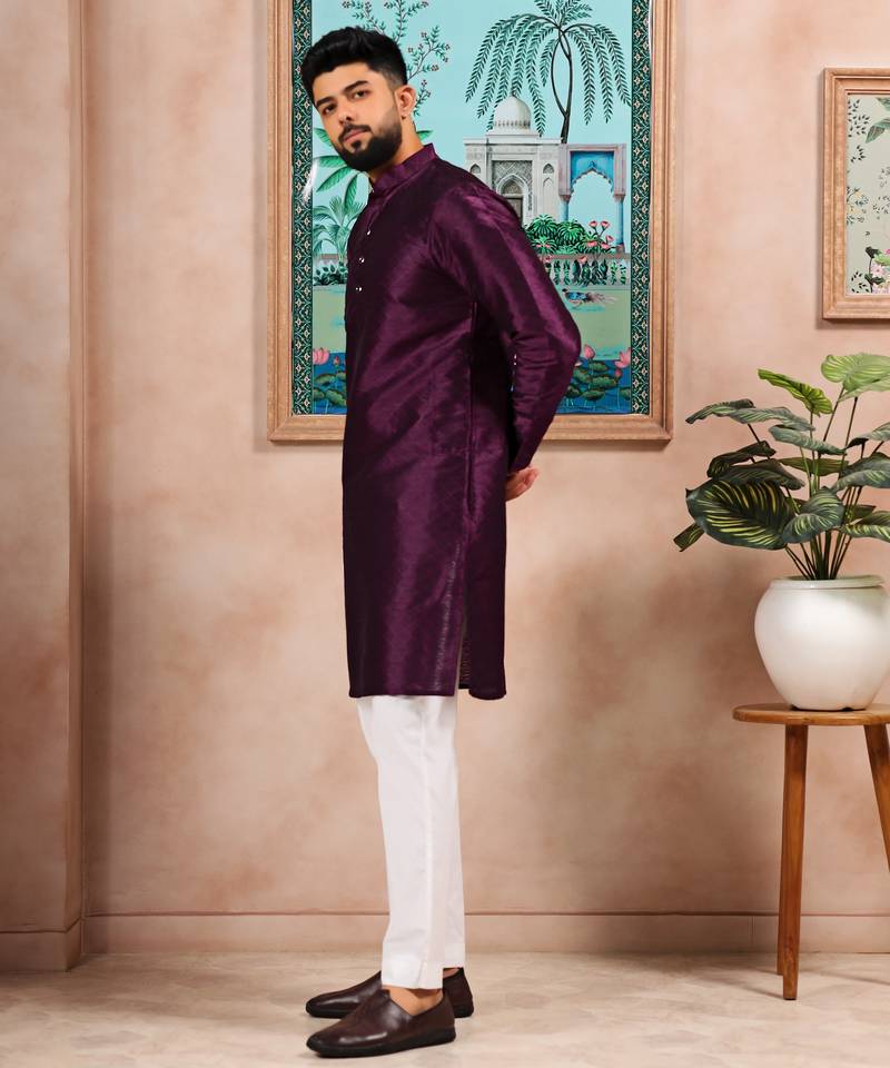 Wine color graceful partywear kurta payjama for mens ceremonial looks