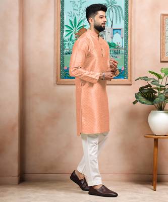 Peach color graceful partywear kurta payjama for mens ceremonial looks 5