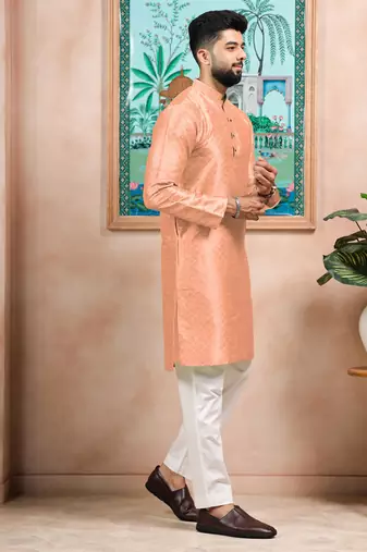 Peach color graceful partywear kurta payjama for mens ceremonial looks
