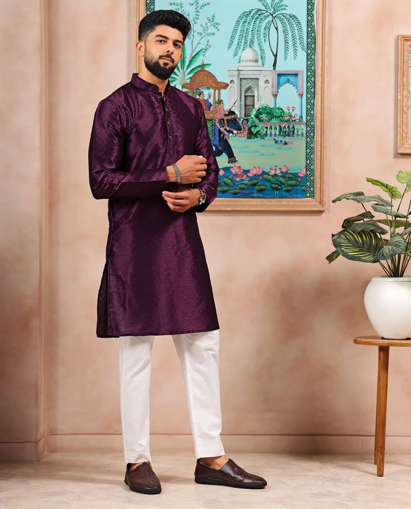 Wine color graceful partywear kurta payjama for mens ceremonial looks