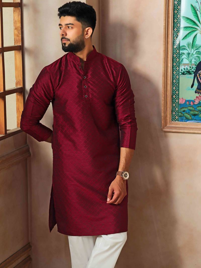 Maroon color graceful partywear kurta payjama for mens ceremonial looks