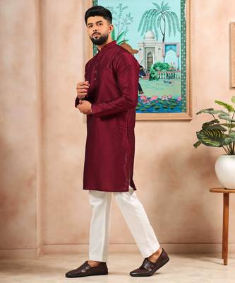 Maroon color graceful partywear kurta payjama for mens ceremonial looks 5